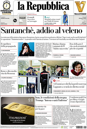 Prima pagina La Repubblica di oggi - Quotidiano nazionale