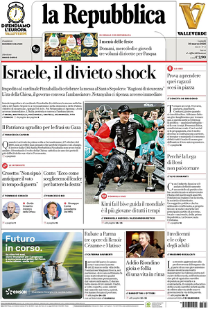 Prima pagina La Repubblica di oggi - Quotidiano nazionale
