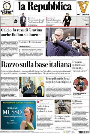 Prima pagina La Repubblica di oggi - Quotidiano nazionale