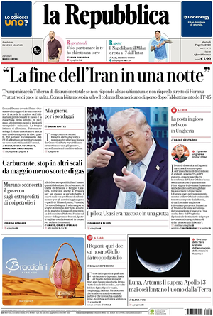 Prima pagina La Repubblica di oggi - Quotidiano nazionale