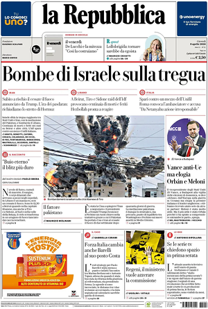 Prima pagina La Repubblica di oggi - Quotidiano nazionale