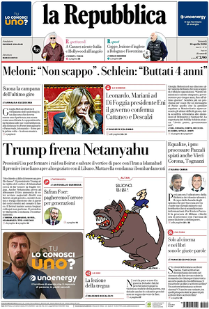 Prima pagina La Repubblica di oggi - Quotidiano nazionale