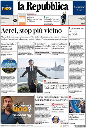 Prima pagina La Repubblica di oggi - Quotidiano nazionale