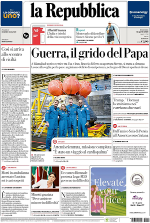 Prima pagina La Repubblica di oggi - Quotidiano nazionale