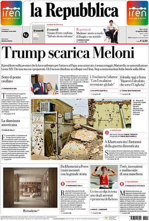 Prima pagina La Repubblica di oggi - Quotidiano nazionale