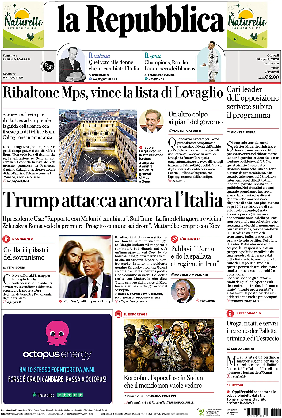 Prima pagina La Repubblica di oggi - Edicola 16 Aprile 2026