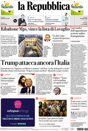 Prima pagina La Repubblica di oggi - Quotidiano nazionale