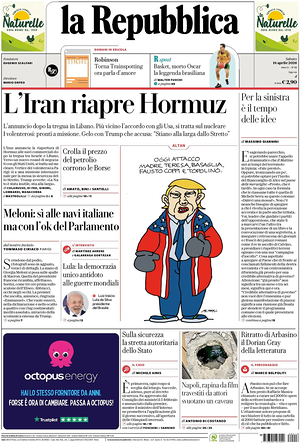 Prima pagina La Repubblica di oggi - Quotidiano nazionale