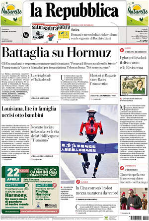 Prima pagina La Repubblica di oggi - Quotidiano nazionale