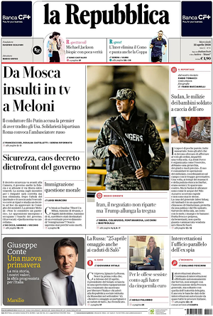 Prima pagina La Repubblica di oggi - Quotidiano nazionale