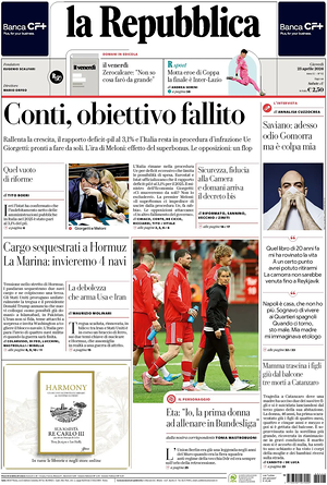 Prima pagina La Repubblica di oggi - Quotidiano nazionale