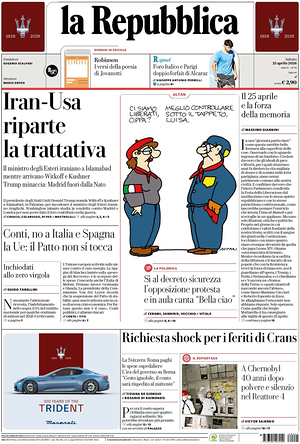 Prima pagina La Repubblica di oggi - Quotidiano nazionale