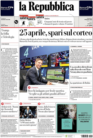 Prima pagina La Repubblica di oggi - Quotidiano nazionale