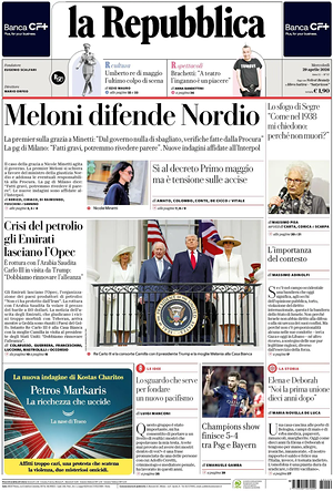 Prima pagina La Repubblica di oggi - Quotidiano nazionale