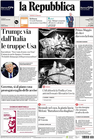 Prima pagina La Repubblica di oggi - Quotidiano nazionale