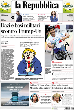 Prima pagina La Repubblica di oggi - Quotidiano nazionale