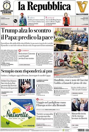 Prima pagina La Repubblica di oggi - Quotidiano nazionale