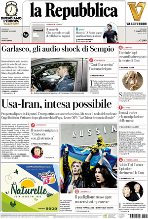 Prima pagina La Repubblica di oggi - Quotidiano nazionale