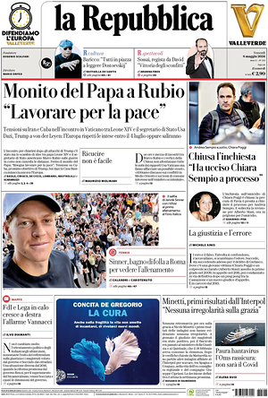 Prima pagina La Repubblica di oggi - Quotidiano nazionale