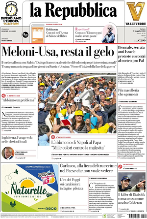 Prima pagina La Repubblica di oggi - Quotidiano nazionale