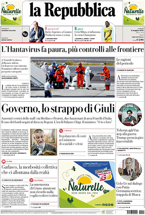 Prima pagina La Repubblica di oggi - Quotidiano nazionale