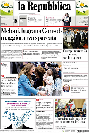 Prima pagina La Repubblica di oggi - Quotidiano nazionale