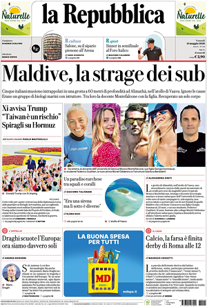 Prima pagina La Repubblica di oggi - Quotidiano nazionale