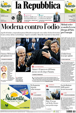 Prima pagina La Repubblica di oggi - Quotidiano nazionale