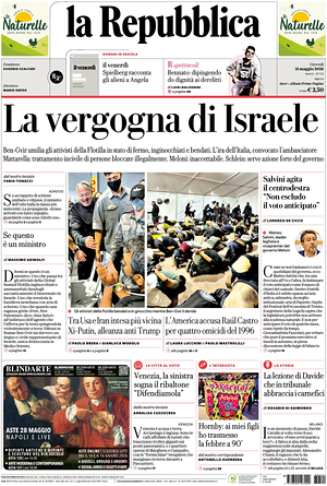 Prima pagina La Repubblica di oggi - Quotidiano nazionale