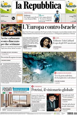 Prima pagina La Repubblica di oggi - Quotidiano nazionale