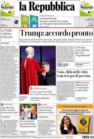 Prima pagina La Repubblica di oggi - Quotidiano nazionale