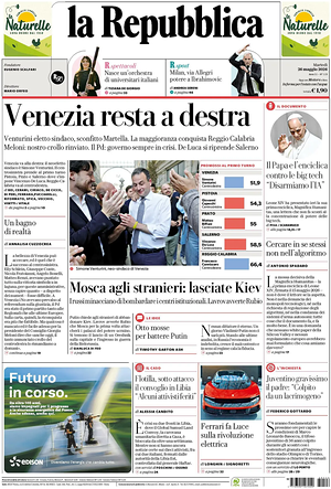 Prima pagina La Repubblica di oggi - Quotidiano nazionale