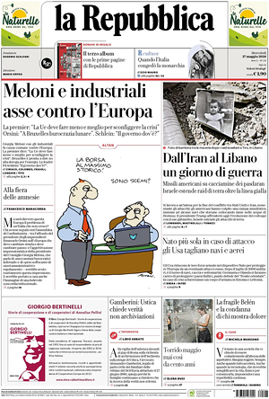 Prima pagina La Repubblica di oggi - Quotidiano nazionale