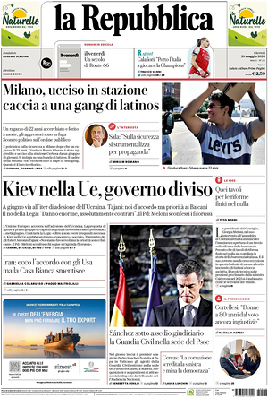 Prima pagina La Repubblica di oggi - Quotidiano nazionale