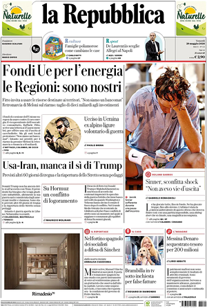 Prima pagina La Repubblica di oggi - Quotidiano nazionale