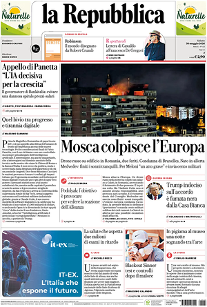 Prima pagina La Repubblica di oggi - Quotidiano nazionale