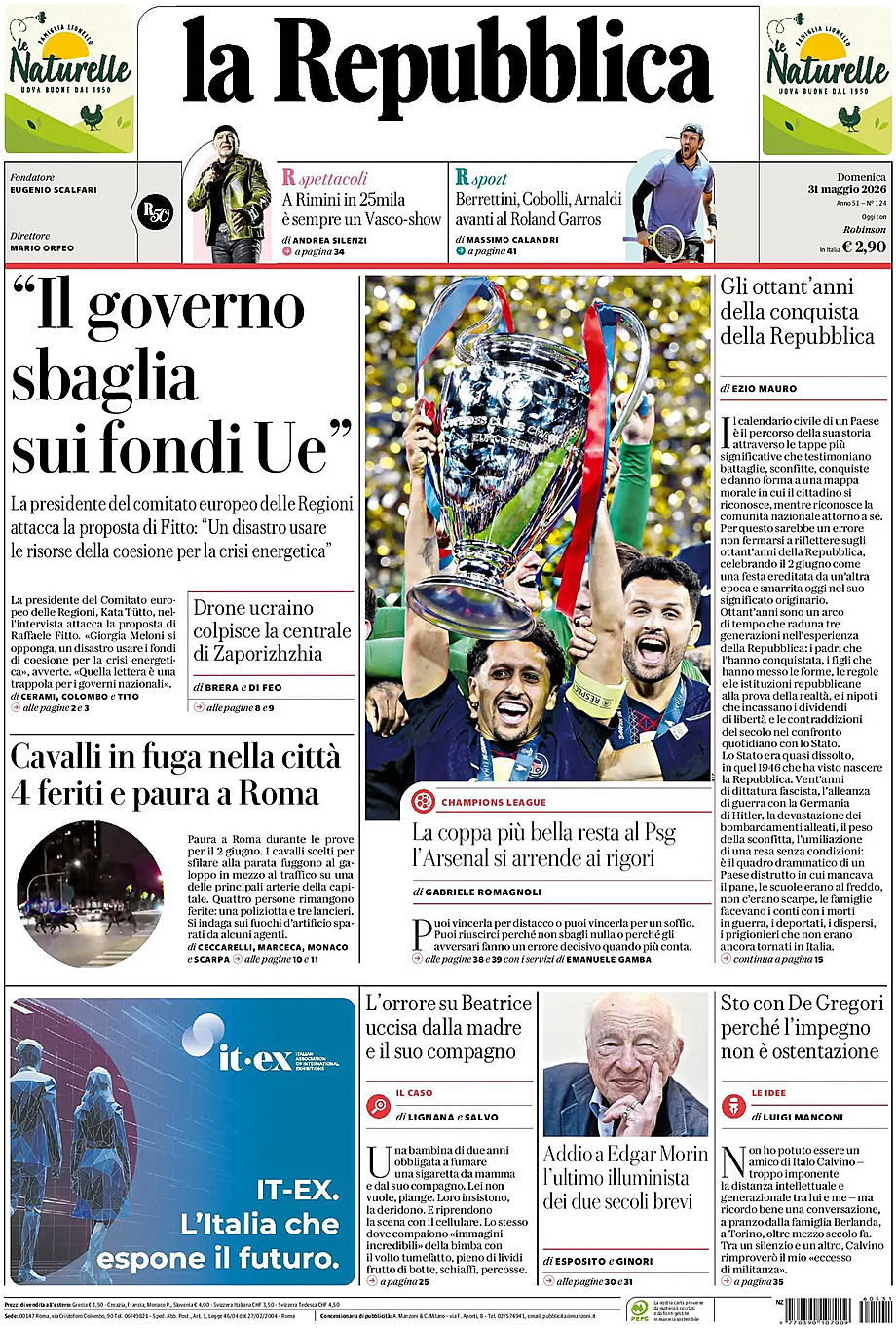 Prima pagina La Repubblica di oggi - Edicola 31 Maggio 2026