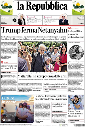 Prima pagina La Repubblica di oggi - Quotidiano nazionale