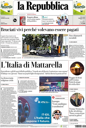 Prima pagina La Repubblica di oggi - Quotidiano nazionale