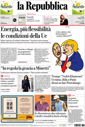 Prima pagina La Repubblica di oggi - Quotidiano nazionale