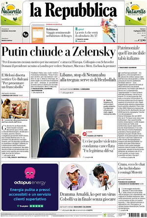 Prima pagina La Repubblica di oggi - Quotidiano nazionale