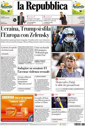 Prima pagina La Repubblica di oggi - Quotidiano nazionale