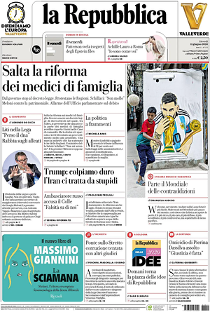 Prima pagina La Repubblica di oggi - Quotidiano nazionale