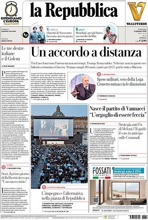 Prima pagina La Repubblica di oggi - Quotidiano nazionale