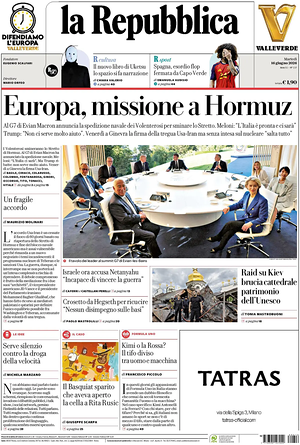 Prima pagina La Repubblica di oggi - Quotidiano nazionale