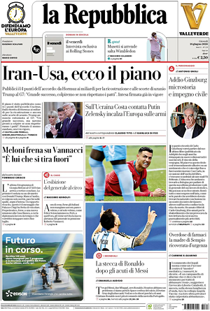 Prima pagina La Repubblica di oggi - Quotidiano nazionale