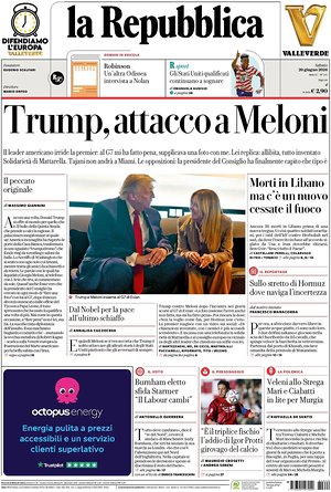 Prima pagina La Repubblica di oggi - Quotidiano nazionale
