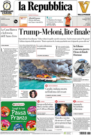 Prima pagina La Repubblica di oggi - Quotidiano nazionale
