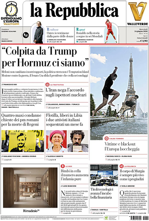 Prima pagina La Repubblica di oggi - Quotidiano nazionale