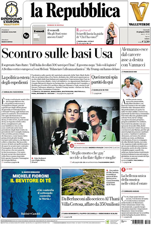 Prima pagina La Repubblica di oggi - Quotidiano nazionale